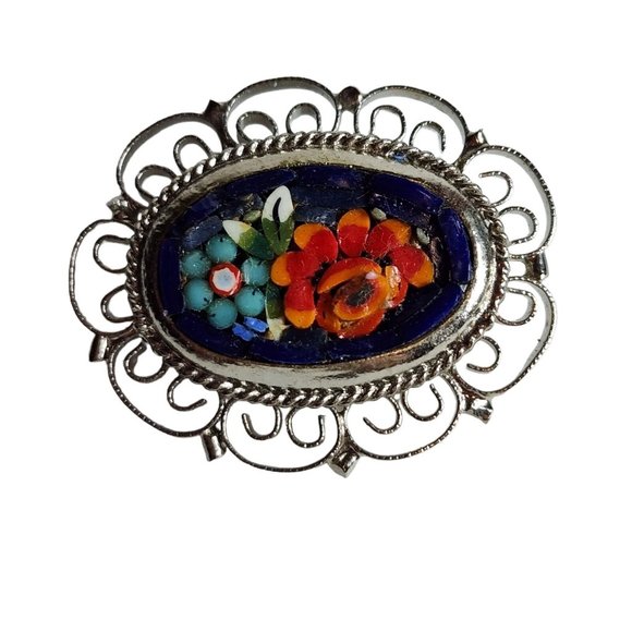 Vintage Micro Mosaic Floral Blue Pink Pietra Dura Brooch Pin Round Filigree - Picture 3 of 10
